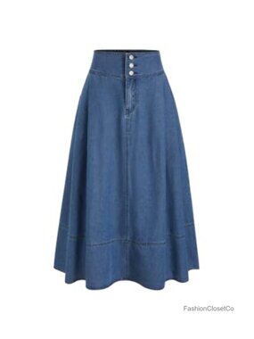 Denim Maxi Skirt Button Down Pleated A-Line High-Rise